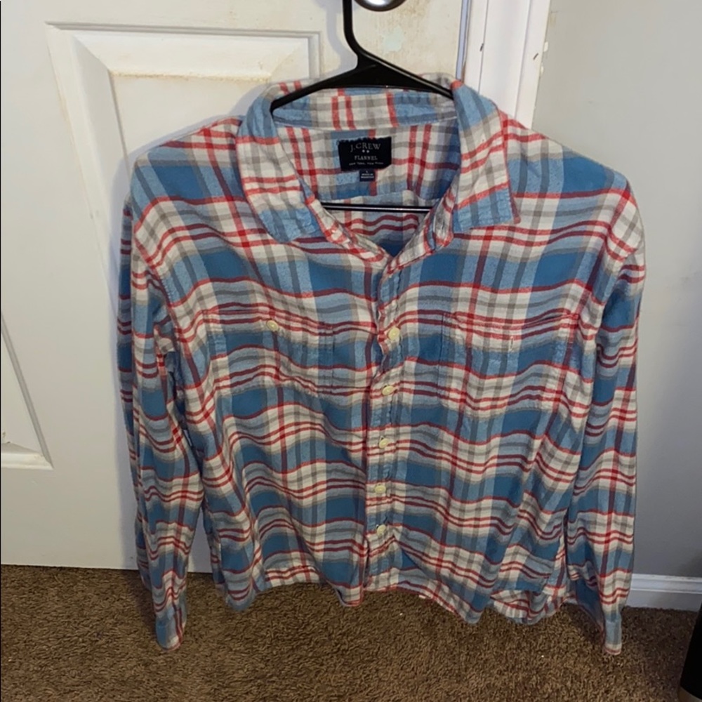 J Crew blue flannel with red stripes. Size large